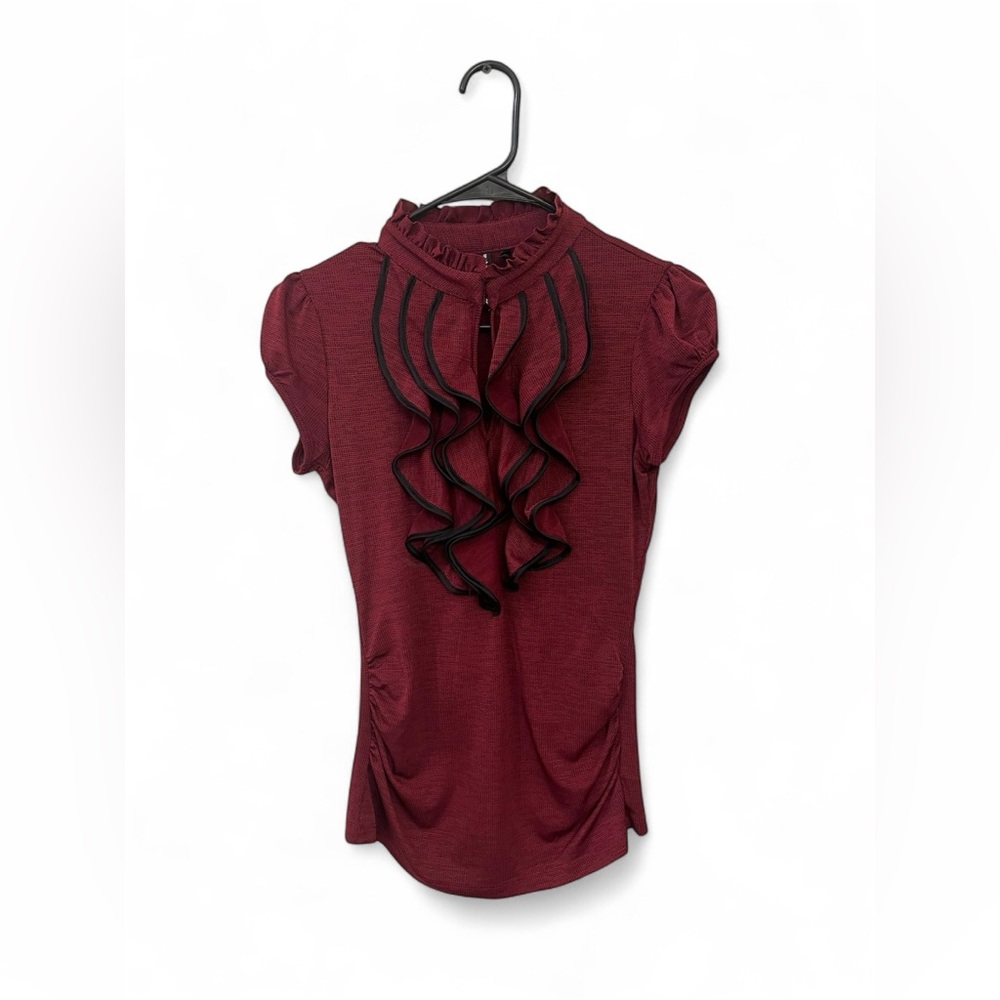 Burgundy Mock Neck Ruffle Detail Top | Y2K Fitted Blouse